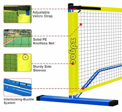 Badminton net system with adjustable Velcro strap, solid PE knotless net, sturdy side sleeves, and interlocking-buckle system.