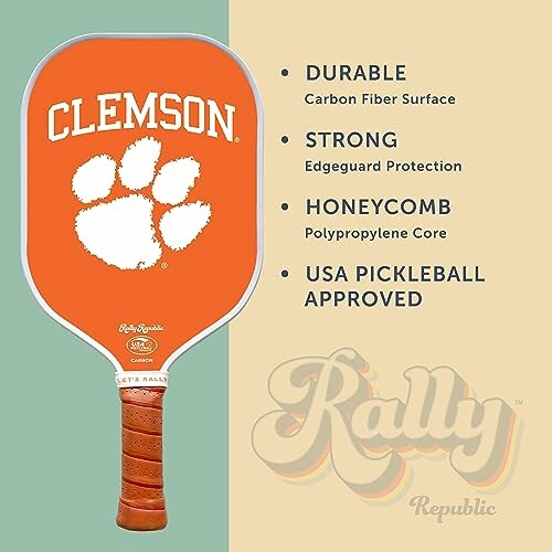 Clemson pickleball paddle with features listed.