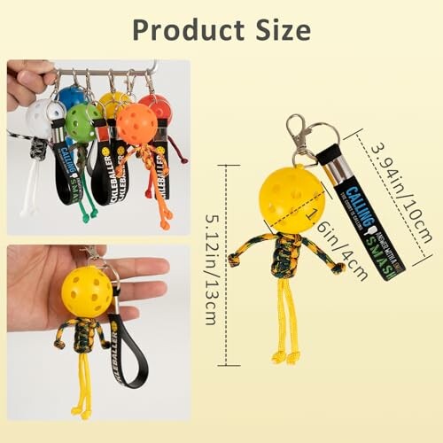 Colorful keychain size guide with ball and figure design.