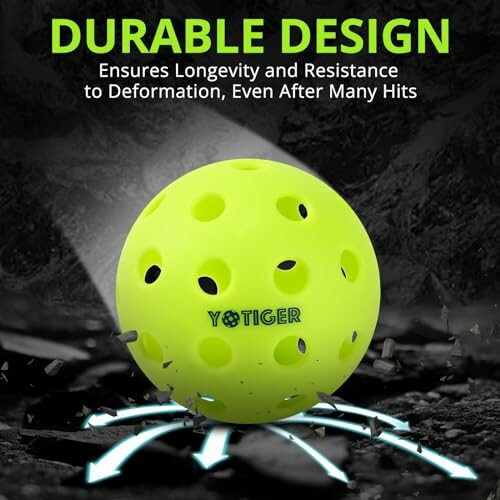 Yellow pickleball with text highlighting durability and resistance.