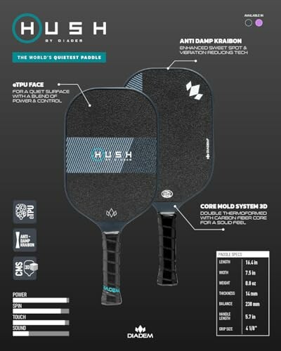 Hush pickleball paddle advertisement with features overview.