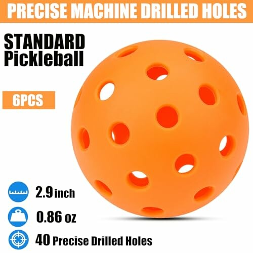 Orange pickleball with drilled holes and specifications