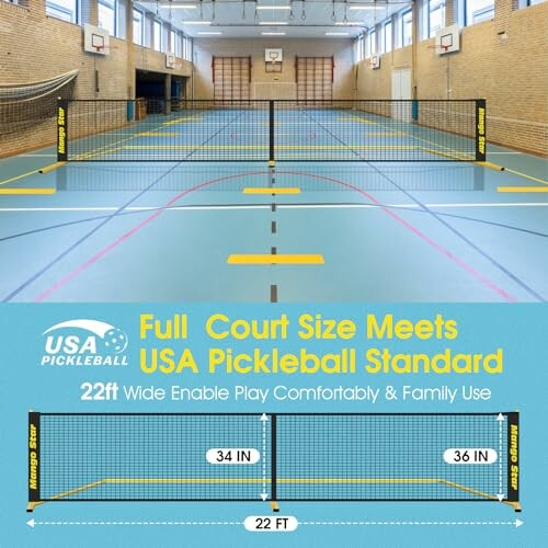 Indoor pickleball court with net dimensions and USA Pickleball standard.