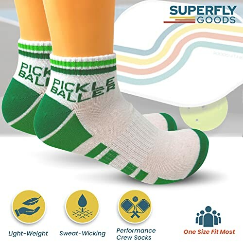 Performance crew socks with pickleball design, light-weight and sweat-wicking.