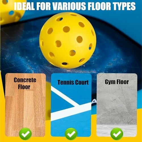 Pickleball ball on paddle with floor type options: concrete, tennis court, gym.