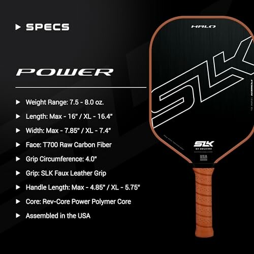 Pickleball paddle with specifications for weight, size, and materials.