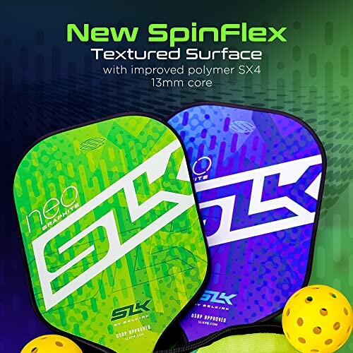 Two SLK pickleball paddles with textured surface and yellow balls