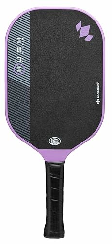 Pickleball paddle with purple edge and black face.