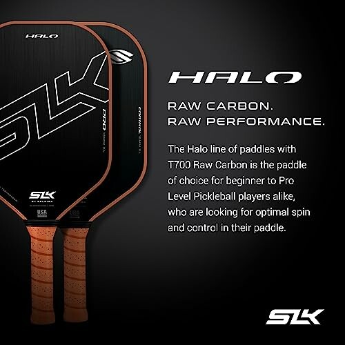 SLK Halo pickleball paddles with raw carbon surface.