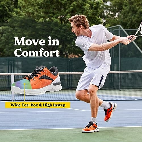 Tennis player on court with highlighted comfortable shoe features.