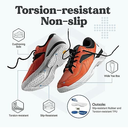 Torsion-resistant and non-slip shoes with cushioning sole and wide toe box.